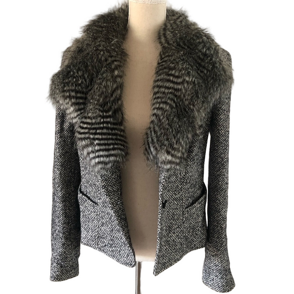 Ann Taylor Faux Fur Collar Tweed Blazer size 8 wool and cotton blend - Picture 1 of 14